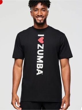 Zumba Fitness Black Tee with Pink Heart and White Vertical ZUMBA Logo